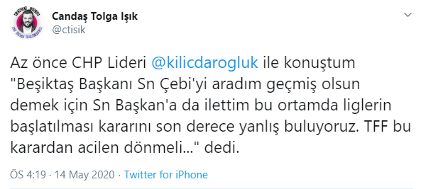 Kılıçdaroğlu'ndan Ahmet Nur Çebi'ye telefon: TFF bu karardan acilen dönmeli - Resim : 1