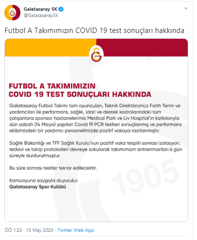 Galatasaray'da 1 kişinin koronavirüs testi pozitif çıktı - Resim : 1