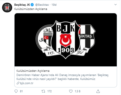 Beşiktaş'tan 'koronavirüs' haberlerine tepki: 'Manidar buluyoruz' - Resim : 1