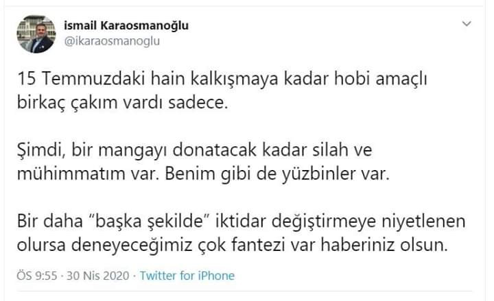 AKP'li İsmail Karaosmanoğlu'ndan skandal paylaşım: Bir mangayı donatacak kadar silahım var - Resim : 1