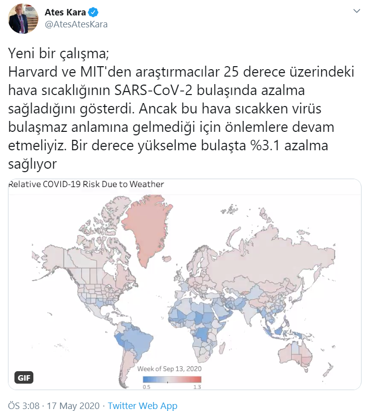 Ateş Kara: 25 derece üzerindeki hava sıcaklığı koronavirüs bulaşında azalma sağladı - Resim : 1