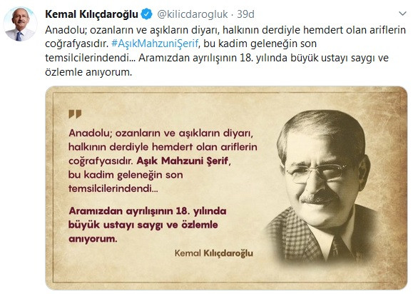 Kılıçdaroğlu, ölümünün 18'inci yıl dönümünde 'Aşık Mahzuni Şerif'i unutmadı - Resim : 1