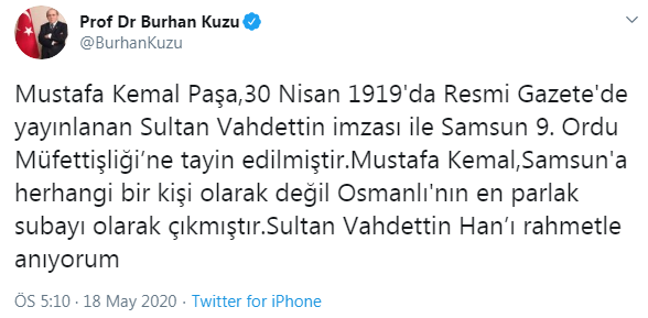 Burhan Kuzu, 19 Mayıs mesajında Atatürk yerine Sultan Vahdettin'i andı - Resim : 1