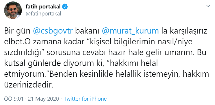 Fatih Portakal'dan Bakan Kurum'a: Hakkımı helal etmiyorum, hakkım üzerinizdedir - Resim : 1