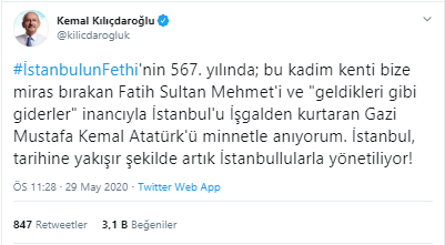 Kılıçdaroğlu'ndan İstanbul'un fethi paylaşımı: Tarihine yakışır şekilde artık İstanbullularla yönetiliyor! - Resim : 1