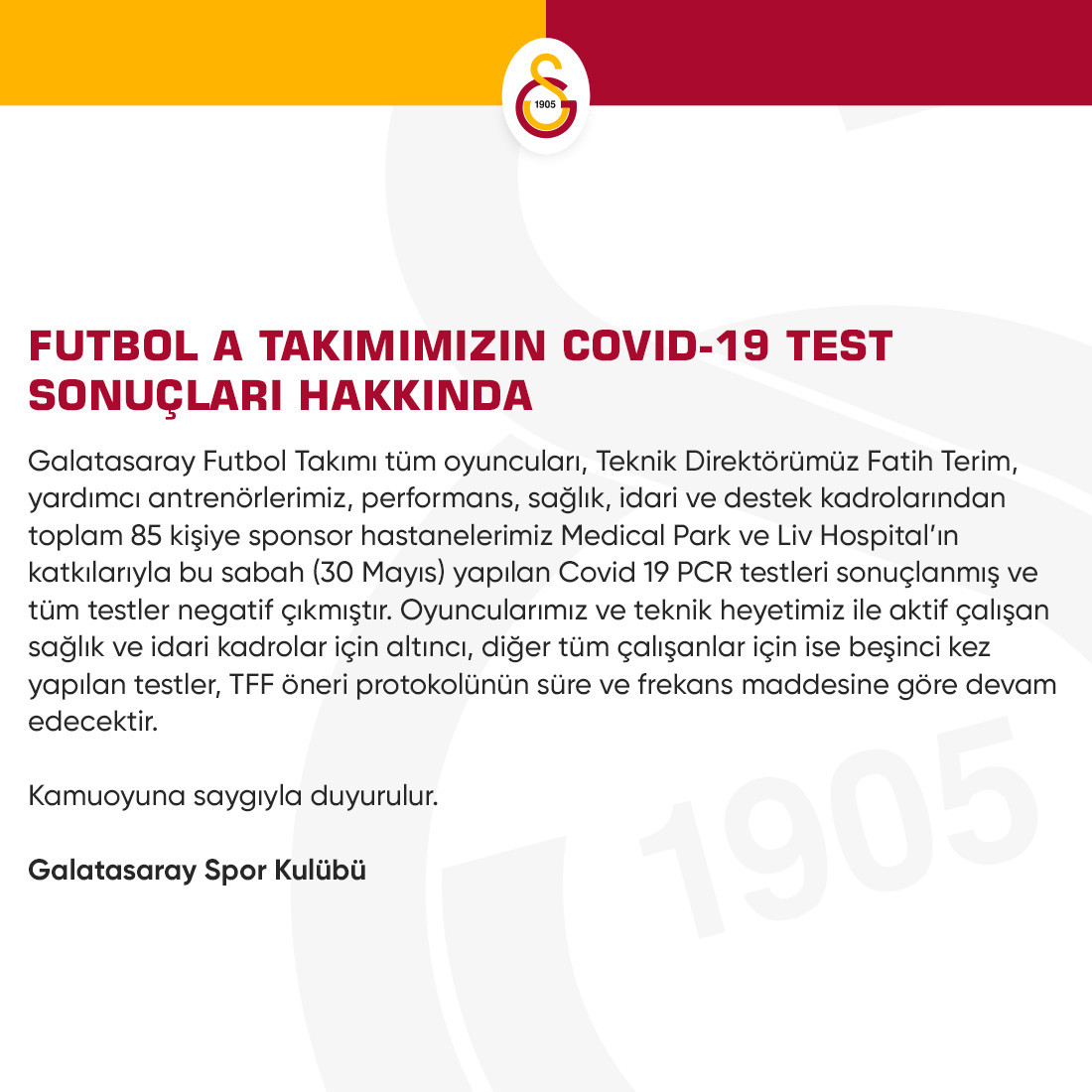 Galatasaray'da 85 kişiye yapılan koronavirüs test sonucu belli oldu - Resim : 1