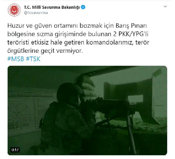 MSB: Barış Pınarı bölgesinde 2 terörist etkisiz hale getirildi - Resim : 1