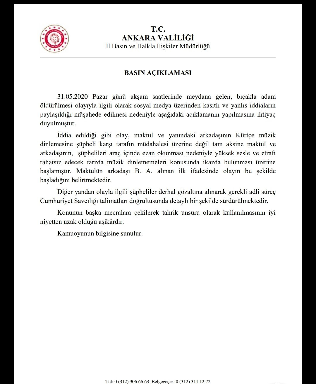 Ankara Valiliği'nden 'Kürtçe şarkı cinayeti' açıklaması: Kavga ezan okunurken şarkı dinleme tartışmasından çıktı - Resim : 1