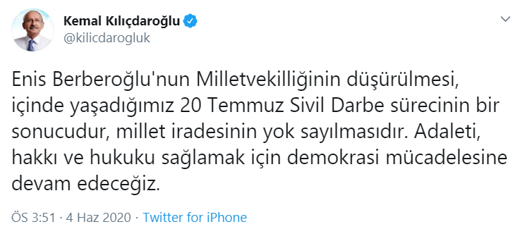 Kılıçdaroğlu'ndan milletvekilliği düşürülen Enis Berberoğlu hakkında açıklama - Resim : 3