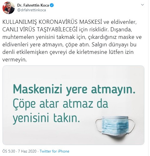 Fahrettin Koca'dan kullanılmış maske ve eldivenler hakkında uyarı - Resim : 1