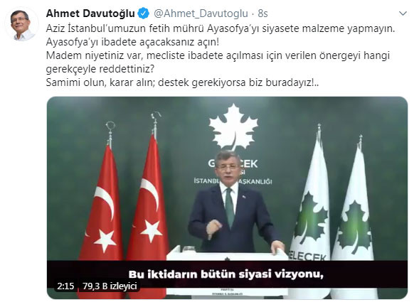 Davutoğlu'ndan Ayasofya tepkisi: Madem niyetiniz var, önergeyi neden reddettiniz? - Resim : 1