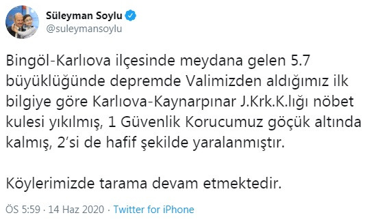 Bingöl depreminin ardından hükümetten ilk açıklama Süleyman Soylu'dan - Resim : 1