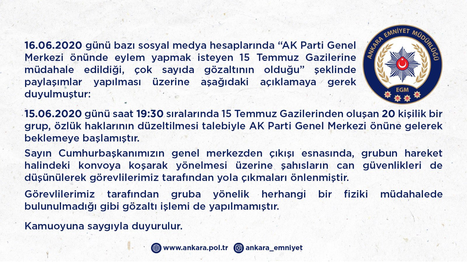 Ankara Emniyet Müdürlüğü'nden AKP Genel Merkezi önünde eylem yapan 15 Temmuz gazileri hakkında açıklama - Resim : 2