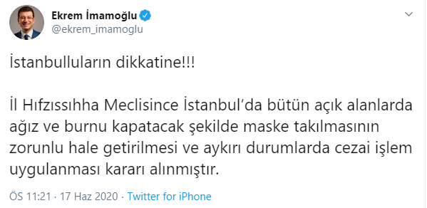 Maskenin zorunlu hale getirilmesinin ardından İmamoğlu'ndan paylaşım: İstanbulluların dikkatine! - Resim : 1