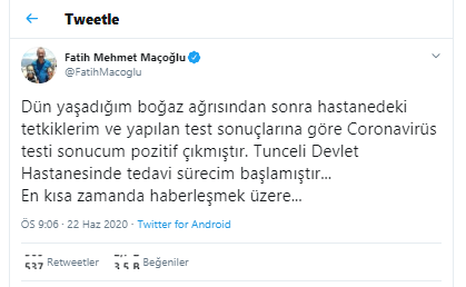 Tunceli Belediye Başkanı Fatih Mehmet Maçoğlu'nun koronavirüs testi pozitif çıktı - Resim : 1