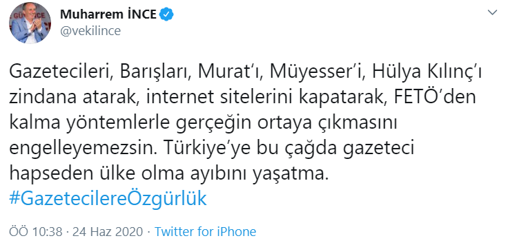 İnce'den gazetecilere destek: Türkiye’ye bu çağda gazeteci hapseden ülke olma ayıbını yaşatma - Resim : 1