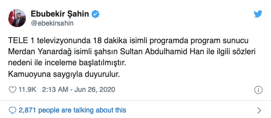 RTÜK Başkanı bu sefer 'hızlı' davrandı: TELE 1'e Abdülhamid soruşturması - Resim : 1