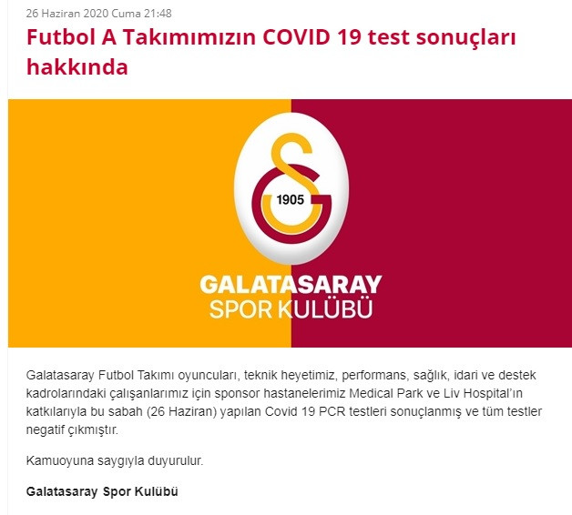 Galatasaray'da koronavirüs test sonuçları belli oldu - Resim : 1