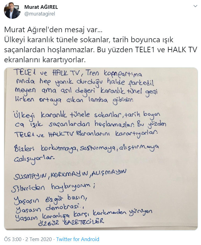 Murat Ağırel'den Halk TV ve TELE1’in karartılmasına tepki - Resim : 1