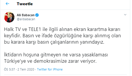 Ali Babacan'dan Halk TV ve TELE 1 tepkisi - Resim : 1