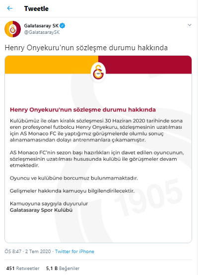 Galatasaray'dan Onyekuru'nun sözleşmesi hakkında açıklama - Resim : 1