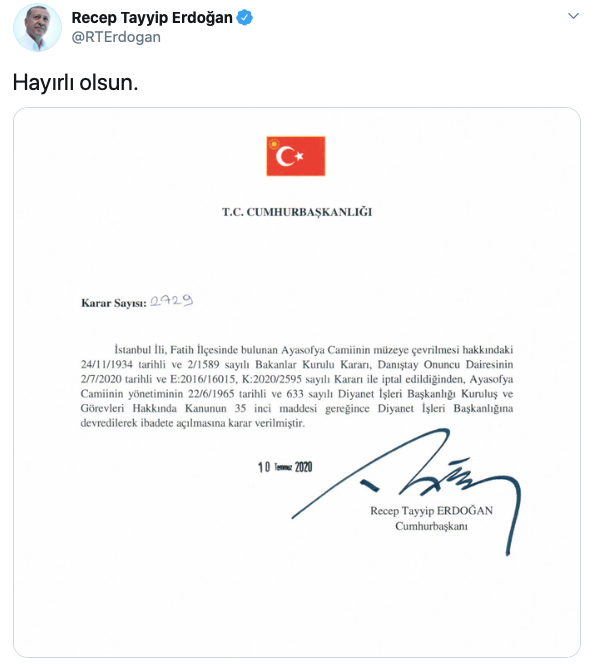 Erdoğan Ayasofya ile ilgili kararnameyi imzaladı - Resim : 1