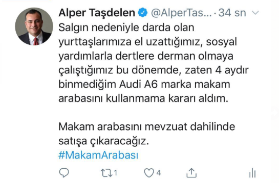 Çankaya Belediye Başkanı Alper Taşdelen'den makam arabası kararı - Resim : 1