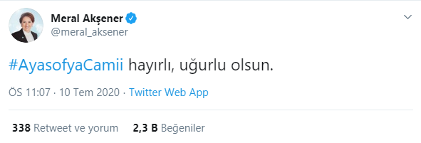 Meral Akşener'den Ayasofya tweeti - Resim : 1