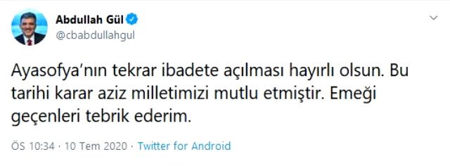 Abdullah Gül'den Ayasofya kararına ilk yorum - Resim : 1