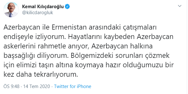 Kılıçdaroğlu: Azerbaycan ile Ermenistan arasındaki çatışmaları endişeyle izliyorum - Resim : 1