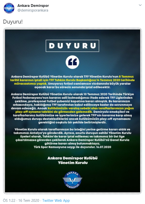 Ligden çekilen Ankara Demirspor'dan 'play-off' kararı - Resim : 1