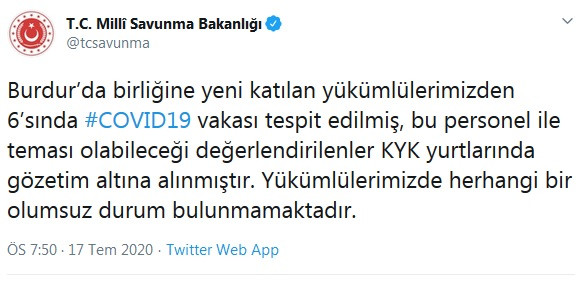 MSB duyurdu! Birliğine yeni katılan 6 askerde koronavirüs tespit edildi - Resim : 1