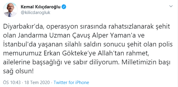 Kılıçdaroğlu'ndan şehitler için başsağlığı mesajı - Resim : 1