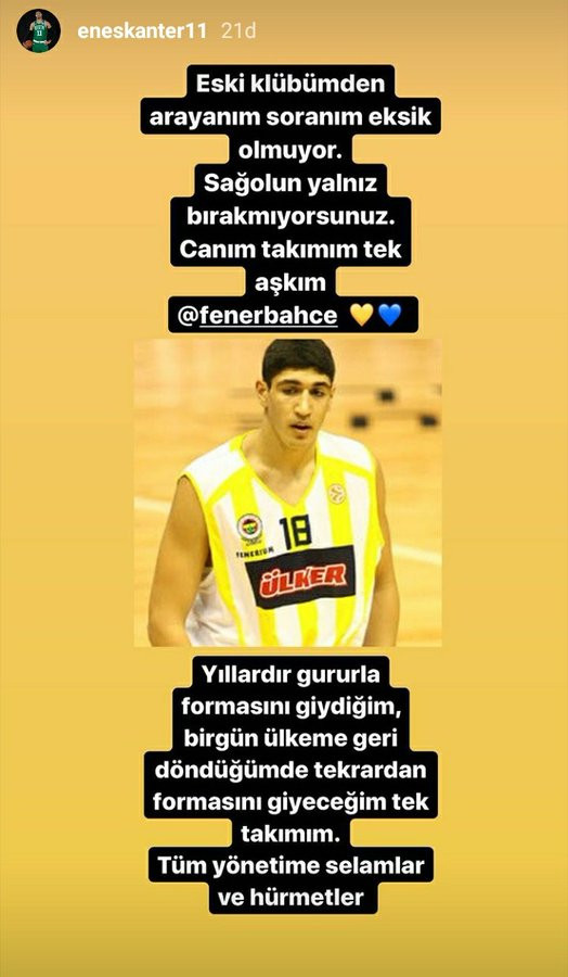 Fenerbahçe'den 'Eski kulübümden arayanım soranım eksik olmuyor' diyen Enes Kanter hakkında açıklama - Resim : 1