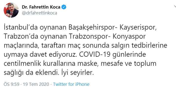 Bakan Koca'dan, Başakşehir ve Trabzon taraftarına önemli uyarı - Resim : 1