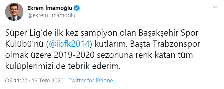 İmamoğlu'ndan Medipol Başakşehir'e tebrik mesajı - Resim : 1