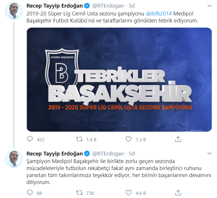 Erdoğan'dan Medipol Başakşehir'e tebrik mesajı - Resim : 1