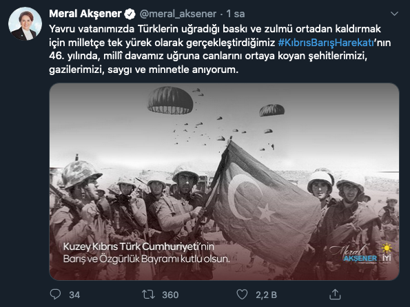 Meral Akşener'den Kıbrıs Barış Harekatı'nın 46'ncı yıl dönümü paylaşım - Resim : 1
