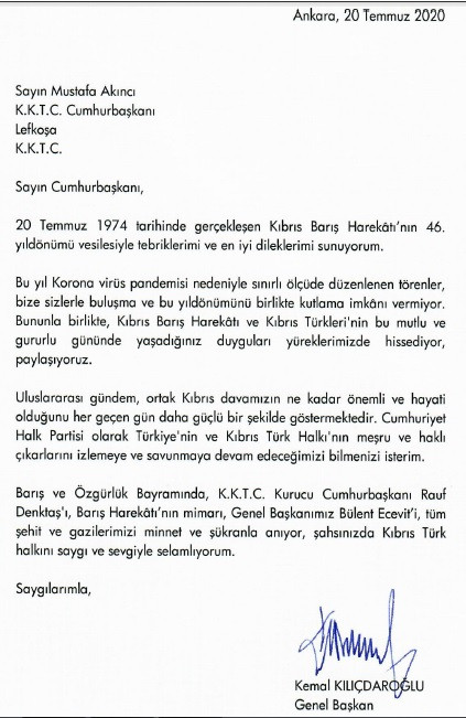 Kılıçdaroğlu'ndan Mustafa Akıncı'ya 'Kıbrıs Barış Harekatı' mektubu - Resim : 1