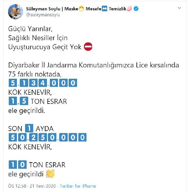 Soylu: Diyarbakır'da 5 milyon 134 bin kök kenevir ve 1,5 ton esrar ele geçirildi - Resim : 1