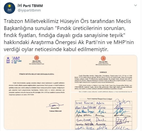 İYİ Parti'nin fındık fiyatları hakkındaki araştırma önergesine AKP ve MHP'den ret! - Resim : 1