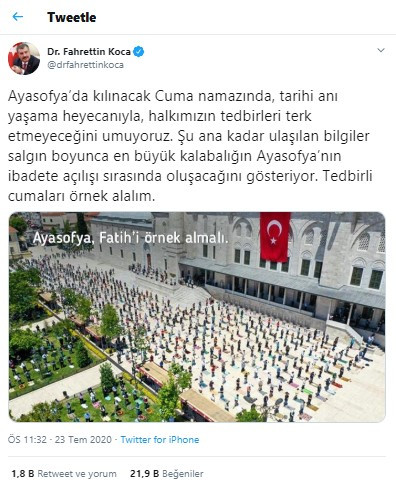 Fahrettin Koca'dan Ayasofya'da kılınacak Cuma namazı hakkında koronavirüs uyarısı - Resim : 1