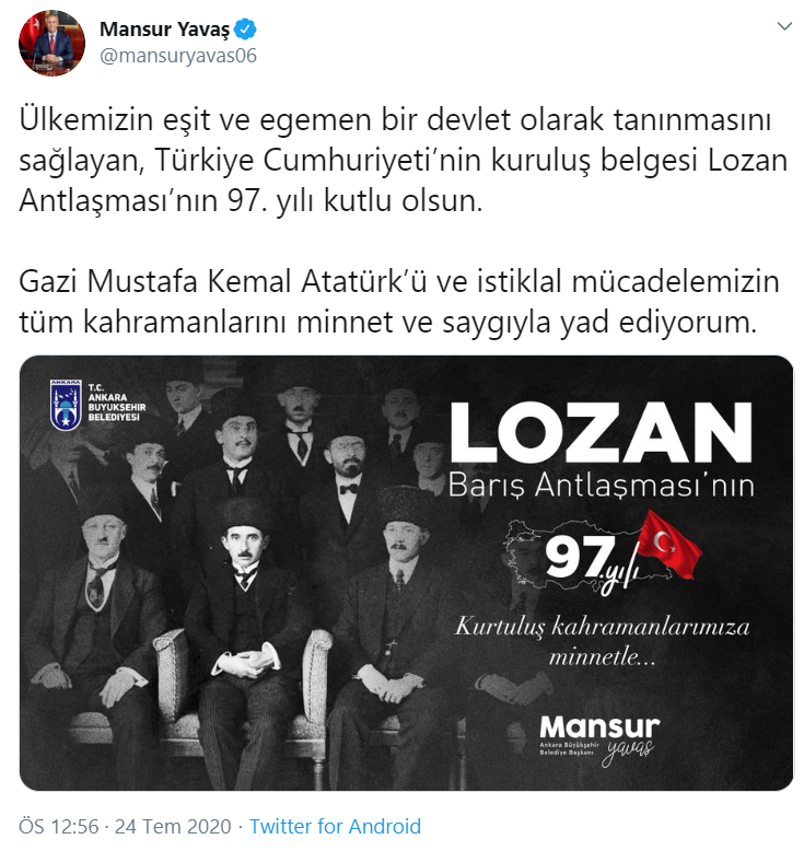 Mansur Yavaş'tan Lozan Antlaşması mesajı - Resim : 1