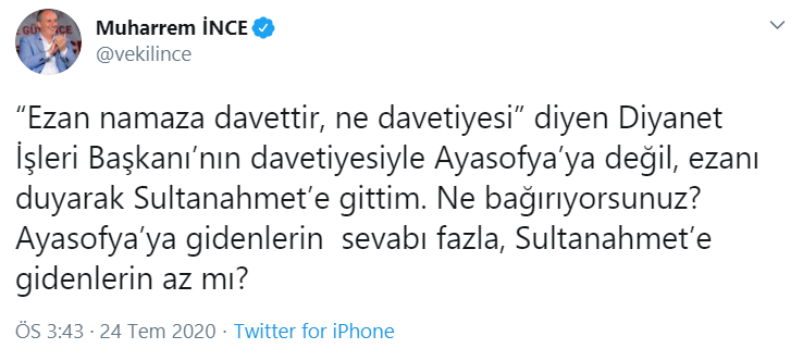 Cuma namazını Sultanahmet'te kılan Muharrem İnce'den eleştirilere sert tepki! - Resim : 1