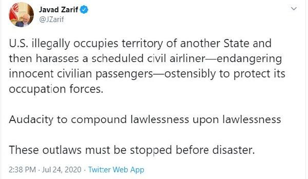 İran Dışişleri Bakanı Zarif’ten ABD’nin İran yolcu uçağı tacizine tepki - Resim : 1