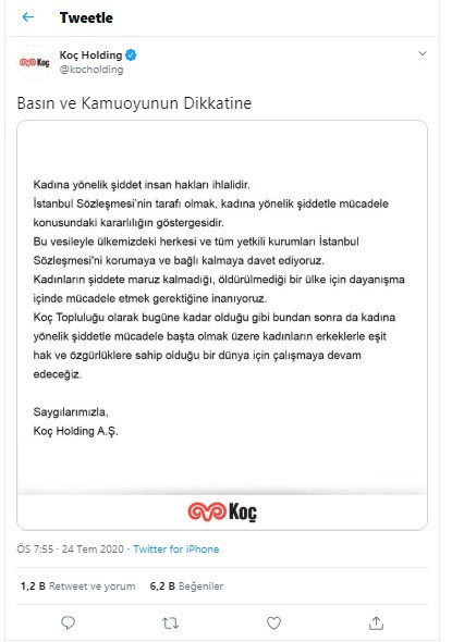 Koç Holding'ten İstanbul Sözleşmesi çağrısı: 'Korumaya ve bağlı kalmaya davet ediyoruz' - Resim : 1