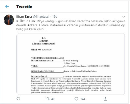 Mahkemeden RTÜK'ün Halk TV'ye verdiği 'ekran karartma cezası' hakkında karar - Resim : 1
