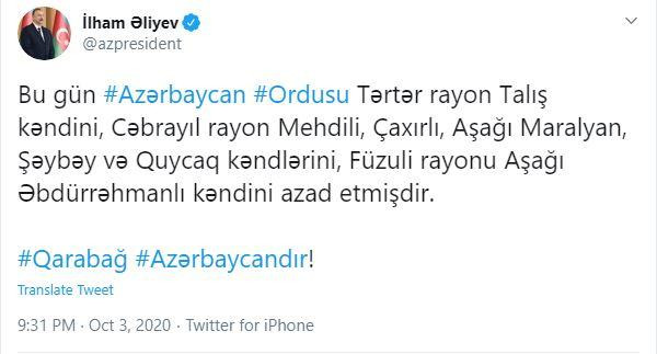 Azerbaycan Cumhurbaşkanı Aliyev: 7 köy işgalden kurtarıldı - Resim : 1