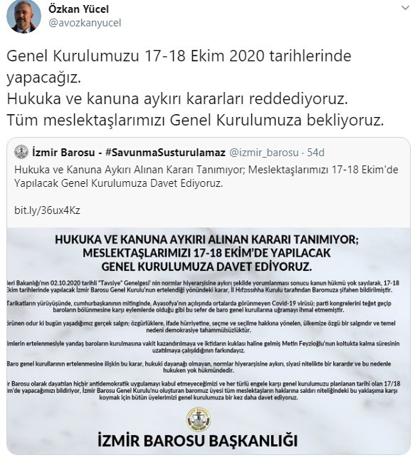 İzmir Barosu, İçişleri Bakanlığı'nın genelgesini tanımadığını açıkladı - Resim : 1