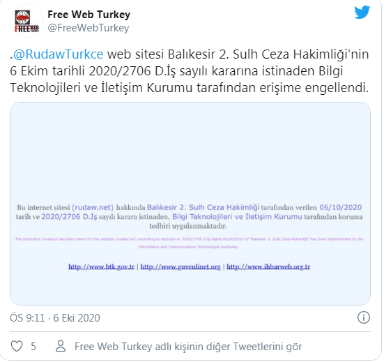 Rûdaw Türkçe’ye erişim engeli - Resim : 1